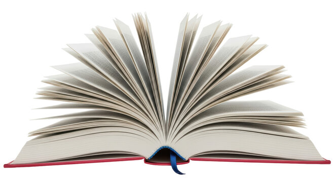 Isolated open book with blank pages and a red cover, standing up, a blue bookmark inside