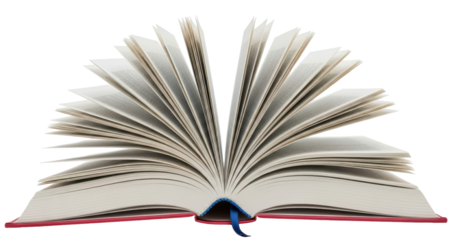 Isolated open book with blank pages and a red cover, standing up, a blue bookmark inside