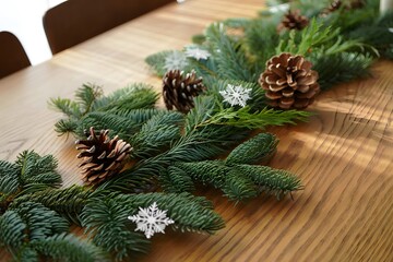 Rustic christmas garland with pinecones and snowflakes on wooden table
