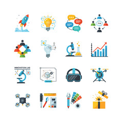 Fototapeta premium Collection of technology and innovation symbols representing concepts like startups, collaboration, research and development, and creative solutions on a white backdrop.