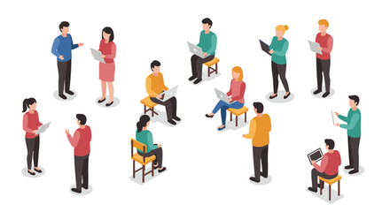 Fototapeta premium Isometric office teamwork collaboration with diverse people and digital devices