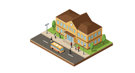 Isometric school building with students and bus on street scene