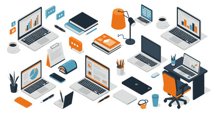 Modern office workspace isometric design featuring laptops, desks, and office supplies