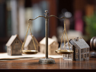 A decorative balance scale stands in the foreground with miniature houses in the background, symbolizing justice and real estate.