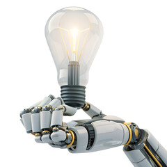 Ai robot hand holding lightbulb on isolated transparent background