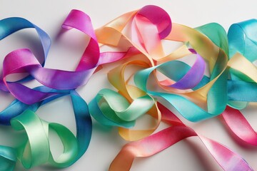 Colorful Ribbons Abstract Arrangement on White Background, Festive Decoration, Gift Wrapping
