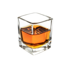Amber Liquid in Clear Glass Cube on White Background for Creative Projects