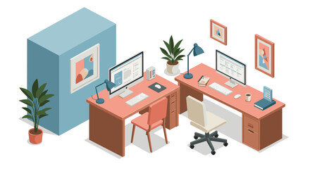 Fototapeta premium Modern office workspace with computers and plants in isometric design