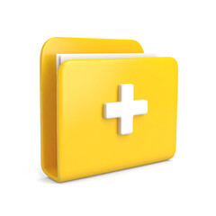 Obraz premium Bright 3D yellow folder with medical cross, suitable for health care database, digital patient information, medical archive, and clinical file management.