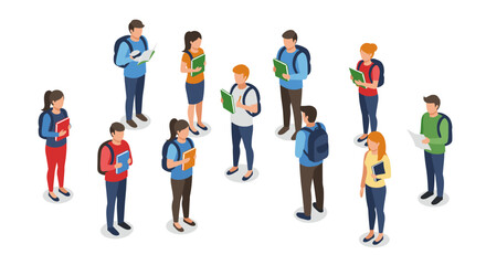 Isometric group of diverse students reading and discussing in casual setting