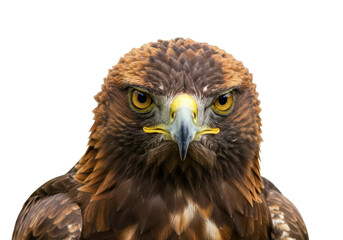 Isolated Golden Eagle, portrait with intense gaze, bird of prey, powerful raptor staring ahead