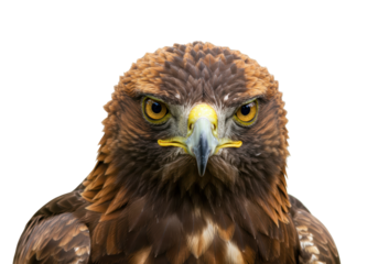 Isolated Golden Eagle, portrait with intense gaze, bird of prey, powerful raptor staring ahead
