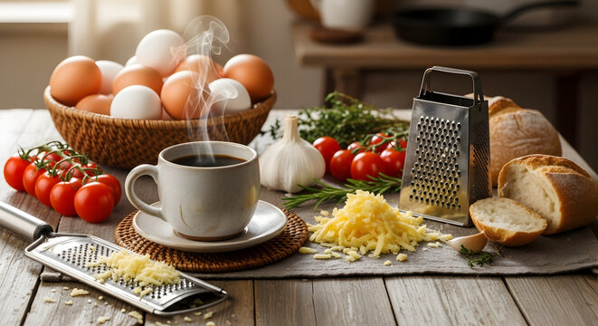 Cozy breakfast scene featuring eggs, tomatoes, cheese, bread, and a steaming cup of coffee to