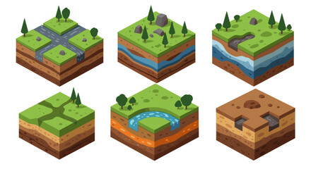 Isometric set of nature landscapes with crossroads, rivers, and forest elements
