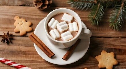 Cozy christmas hot chocolate with marshmallows and cookies