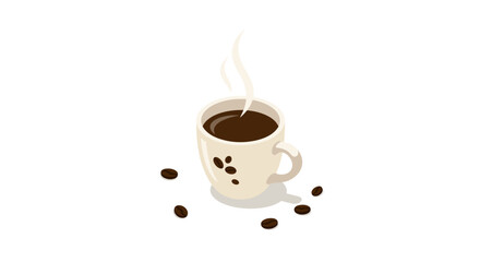 Isometric coffee cup with aromatic steam and coffee beans