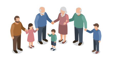 Fototapeta premium Multigenerational family holding hands in isometric design