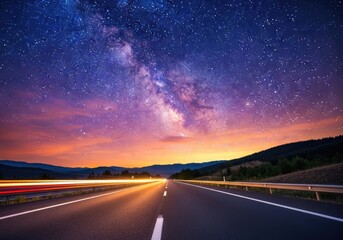 Fototapeta premium Asphalt Road Under the Starry Night Sky with Car Trails and Scenic Mountain View
