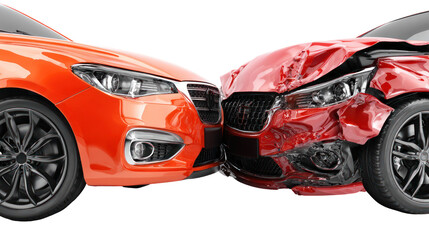 Two cars colliding head on red car damaged isolated on transparent background