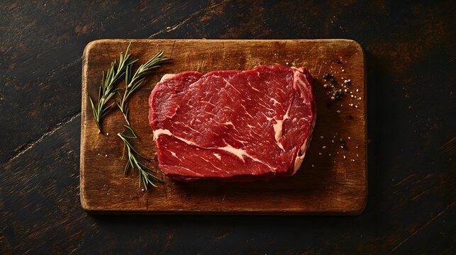 Fresh raw beef steak rests on rustic wooden cutting board, accompanied by sprigs of rosemary and scattered peppercorns, all bathed in warm, inviting light. - Powered by Adobe
