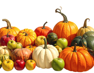 Assorted pumpkins, squash, and apples arranged together