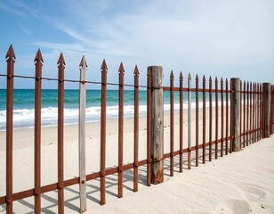 Rusty metal fence on a sandy beach, ocean view