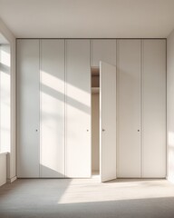 Modern Minimalist Bedroom with Open White Wardrobe and Sunlight