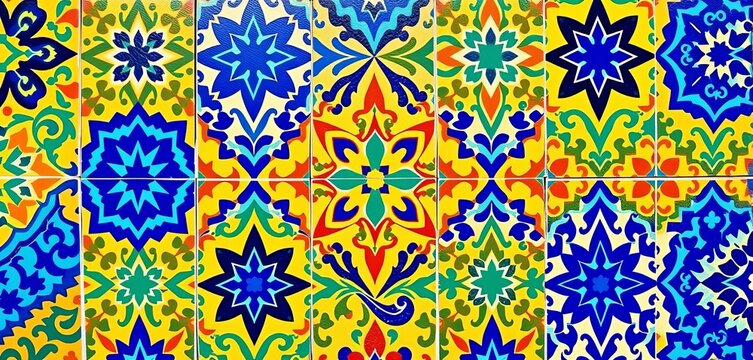 Intricate geometric patterns in vibrant blues, greens, yellows, and oranges, typical of Moroccan Zellige tilework,   handmade tile,  ornament