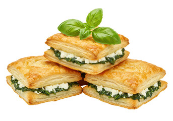 Isolated spinach and feta puff pastry appetizer served in a small stack for a healthy food option