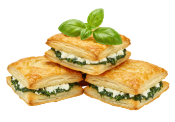 Isolated spinach and feta puff pastry appetizer served in a small stack for a healthy food option