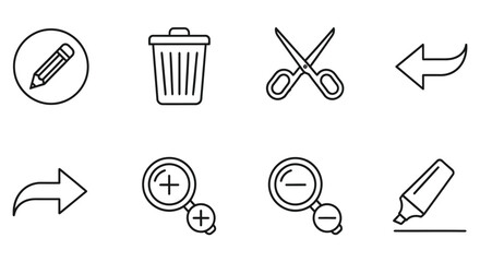 Vector art of collection of black and white icons, including a pencil, trash can, scissors, arrow, and magnifying glass