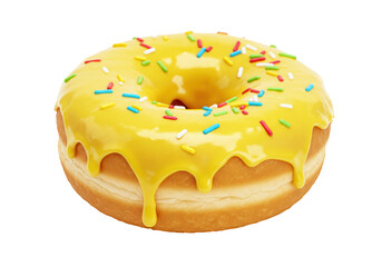 Isolated donut with yellow icing and colorful sprinkles, dessert for snack and sweet tooth