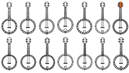 Simple line drawings of various banjos