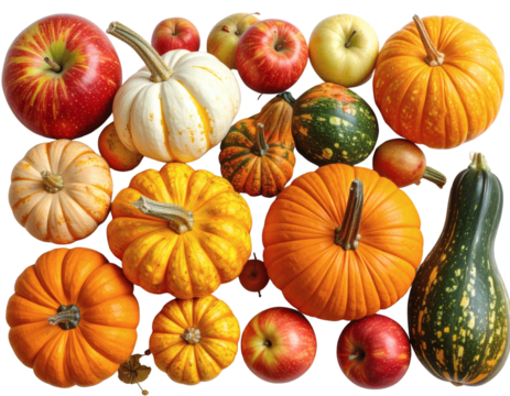Assorted pumpkins, squash, and apples arranged together - Powered by Adobe