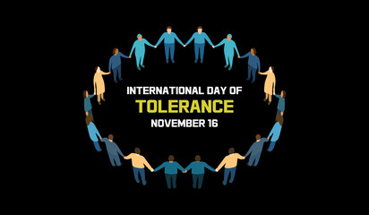 Tolerance Day 16 November illustration with diverse people forming a circle, central text “Tolerance Day 16 November” on elegant black background, symbol of peace, unity, and coexistence.