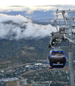 View of gondolas from the top of ski resort, Steamboat Springs in Colorado, USA