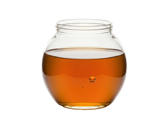 Isolated glass jar with golden liquid, food ingredient, healthy nutrition, studio object