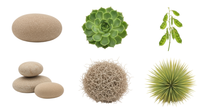 Isolated collection of nature objects, stone, succulent plant, seedpods and ornamental spheres
