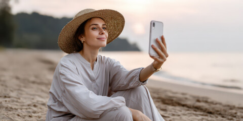 Female influencer taking a selfie on a tropical beach, enjoying vacation. Social media content creation