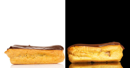 Chocolate sweet eclair, macro, isolated on black and white background.
