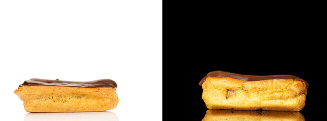Chocolate sweet eclair, macro, isolated on black and white background.