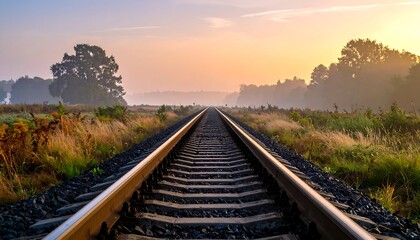 Railway tracks stretching into a hazy sunrise