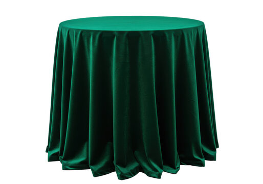 Isolated green velvet tablecloth drapery around round table for party or wedding events