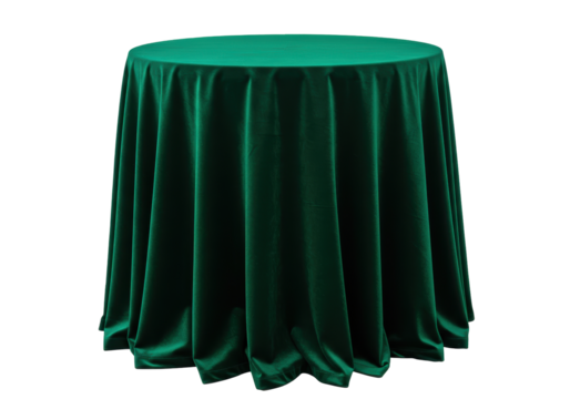 Isolated green velvet tablecloth drapery around round table for party or wedding events