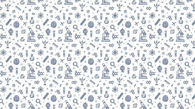 Science pattern background with microscope dna molecule and brain for education design art