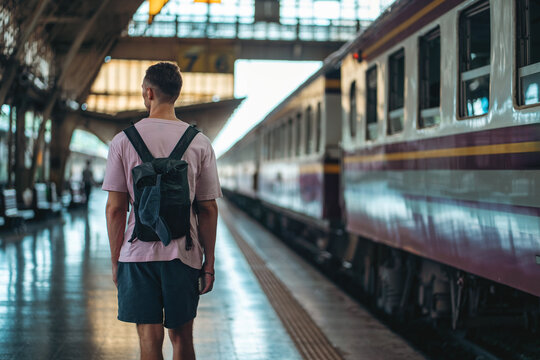 traveler guy boarding train at busy railroad station, young man with backpack starting journey on railway platform