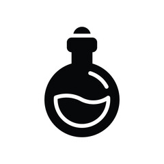 A black flask with a round base a narrow neck and a stopper on top It appears to contain a liquid as indicated by a curved line inside the base