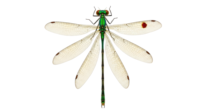 Isolated dragonfly, illustration of a damselfly, insect with transparent wings and green body