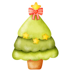 A green Christmas tree with a red bow and a heart on top. There are stars on the tree and a pot underneath it