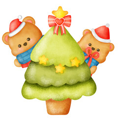 Two bears are sitting on top of a Christmas tree. One bear is wearing a red hat and the other bear is wearing a blue hat